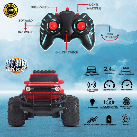 Off Roader Rechargeable Remote Control Car | RC Car Monster Truck | 4 Headlight Modes | Lithium Battery | C-Type Charging | Remote Control Car for Kids | Made in India, Red