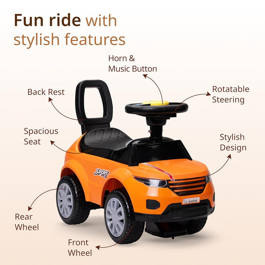 Ride on & Car for Kids with Music & Horn Steering, Push Car for Baby with Backrest, Safety Guard, Under Seat Storage & Big Wheels, Ride on for Kids 1 to 3 Years Upto 25 Kgs (Orange)