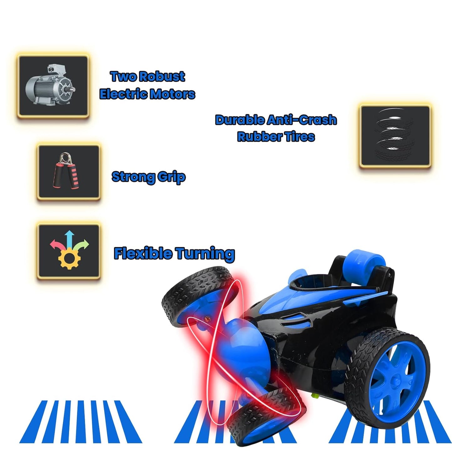 Rechargeable 360° Rotating & Rolling Small Stunt Car Toy with USB Cable & Remote Controller | Blue Color, Power Source: Lithium Battery in Car (Included)