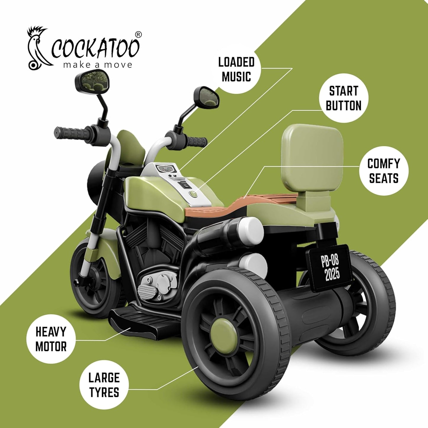5ECruise Rechargable Electric Kids Bike with Music&LED, Kids Scooter Bike for 1-5 Years Boys&Girls Powered by 6V Battery & Motor for 4.5-6Hr Ride with Foot Accelerator(Harrlay,Green)