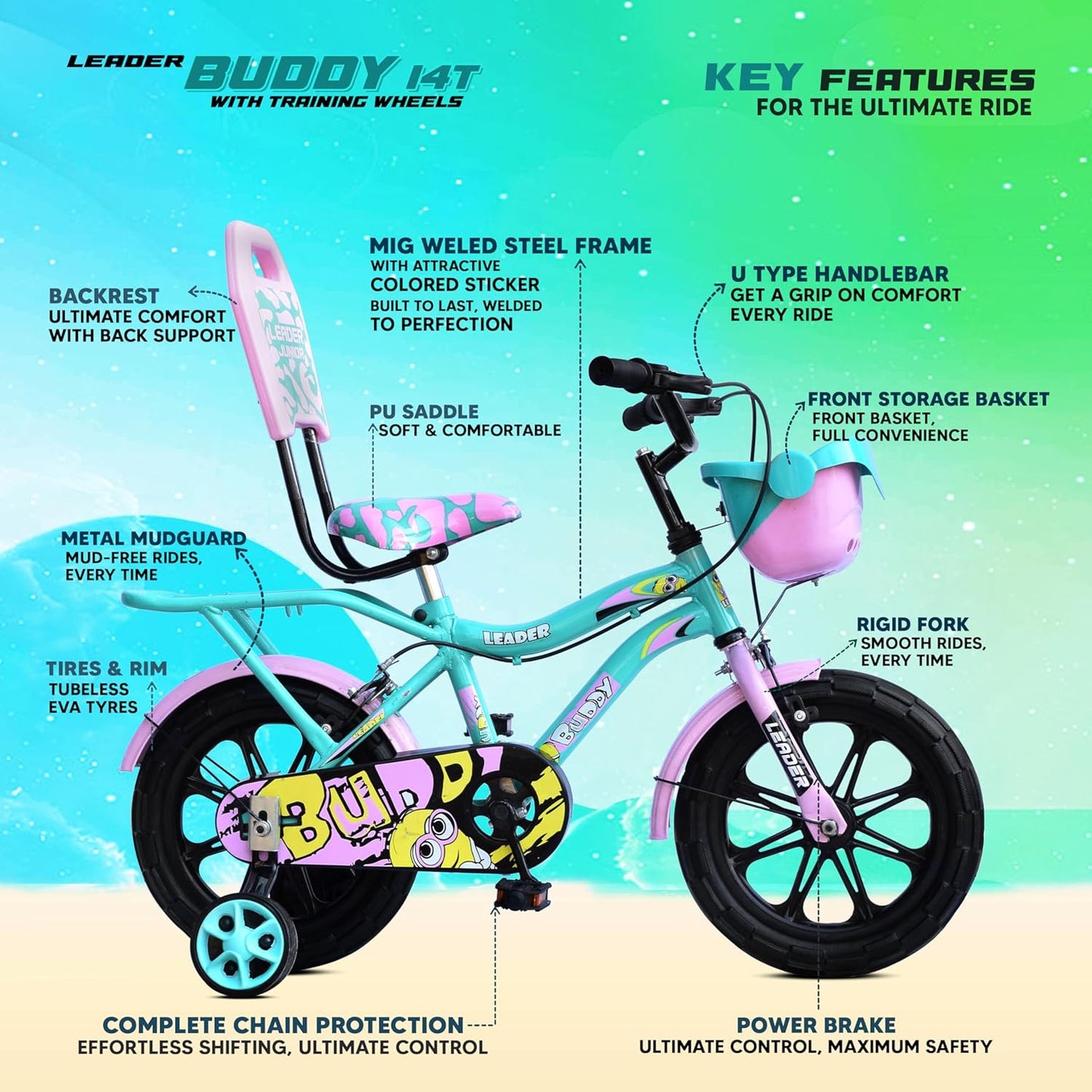 Kids Cycle 14T with Training Wheels (SEMI-Assembled) for Boys and Girls Ideal for Age Group 2-5 Years | Frame: 8 Inches (14T, Sea Green_Light Pink)