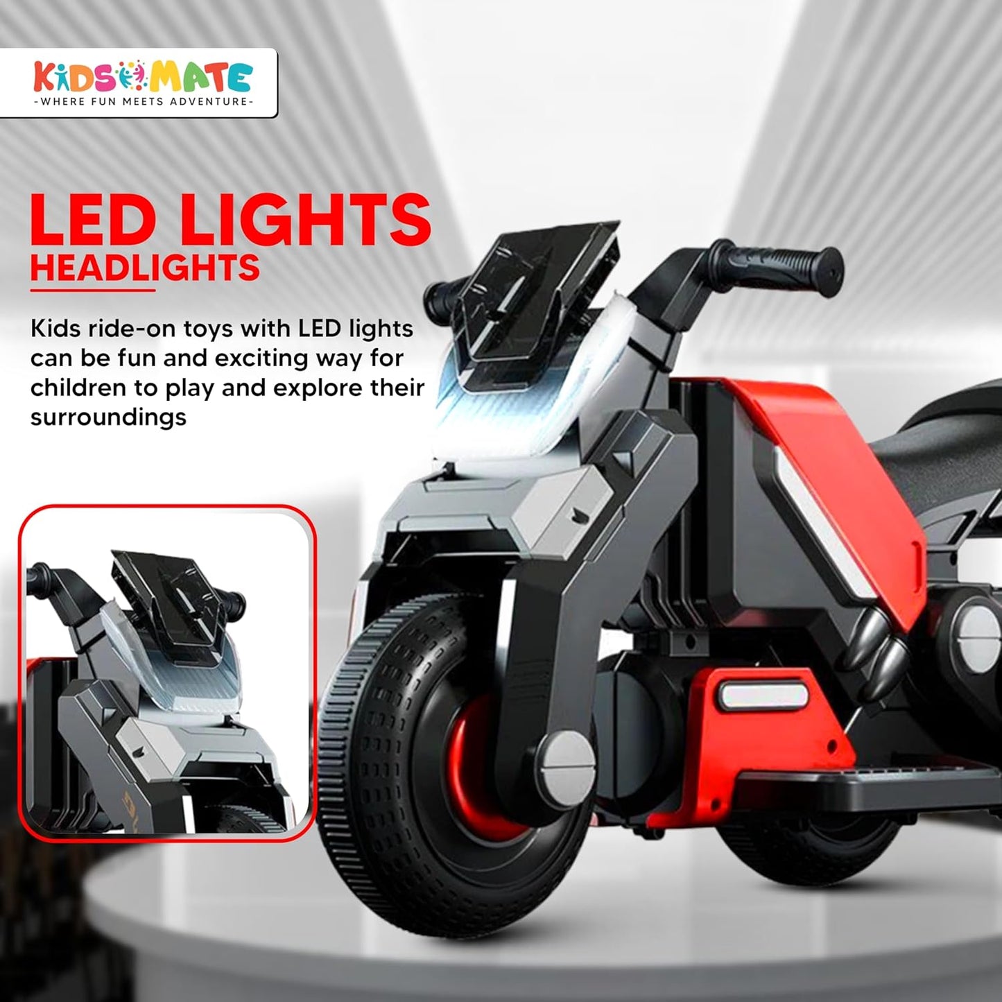 Hyrider 6V Electric Kids Bike with Rechargeable 6.5 Ah Battery Inbuilt Imported Motor Drive | Music Player, Front LED Light & Foot Accelerator Pedal Bike for Ages 1-4 Years
