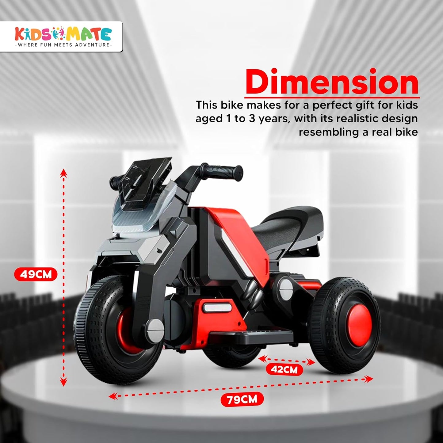 Hyrider 6V Electric Kids Bike with Rechargeable 6.5 Ah Battery Inbuilt Imported Motor Drive | Music Player, Front LED Light & Foot Accelerator Pedal Bike for Ages 1-4 Years
