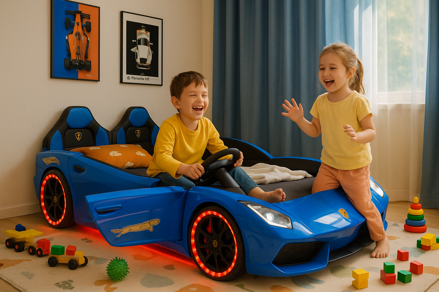 Boy and girl playing together on race car bed