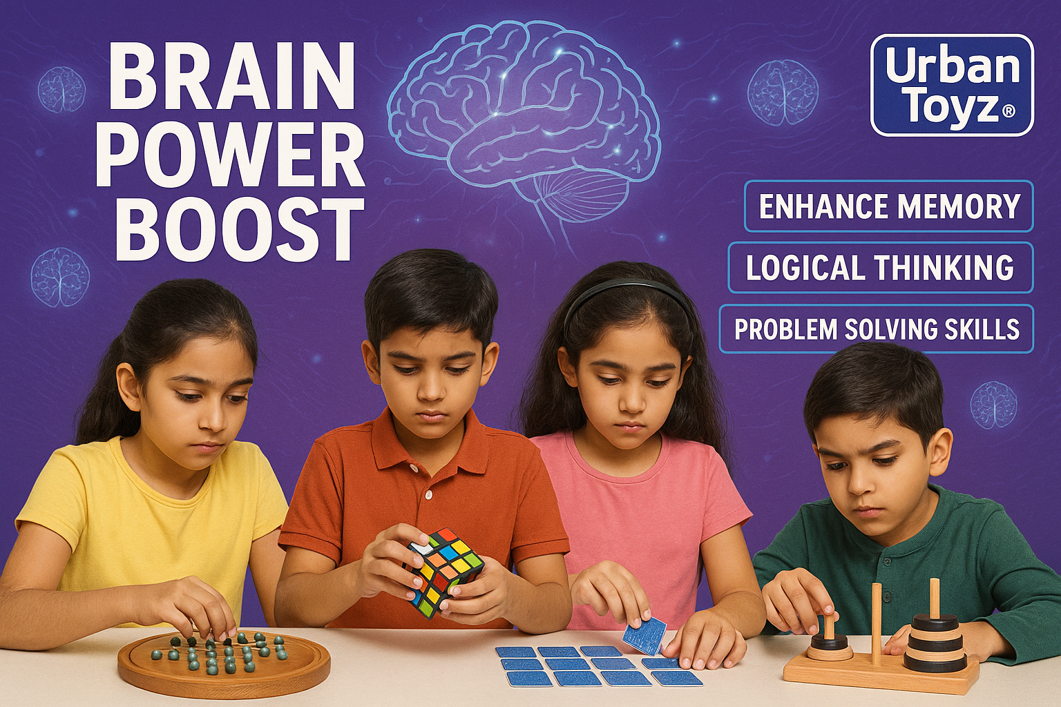 Brain Power Boost banner with Indian children solving puzzles
