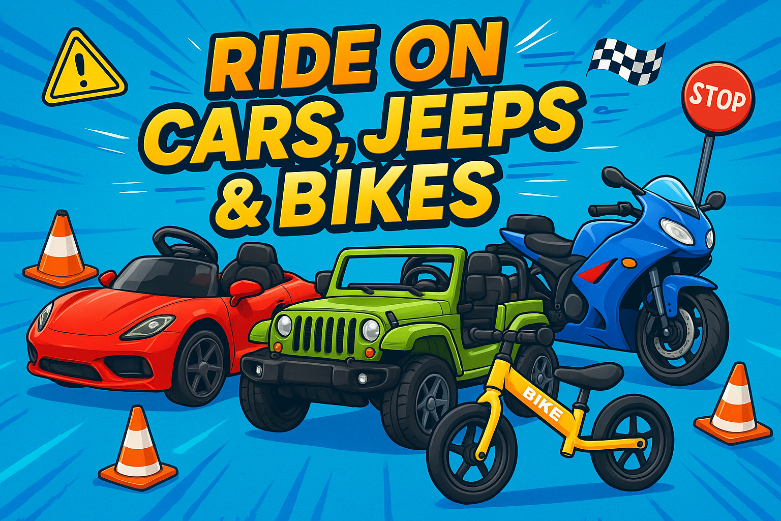 Ride on cars, jeeps and bikes banner