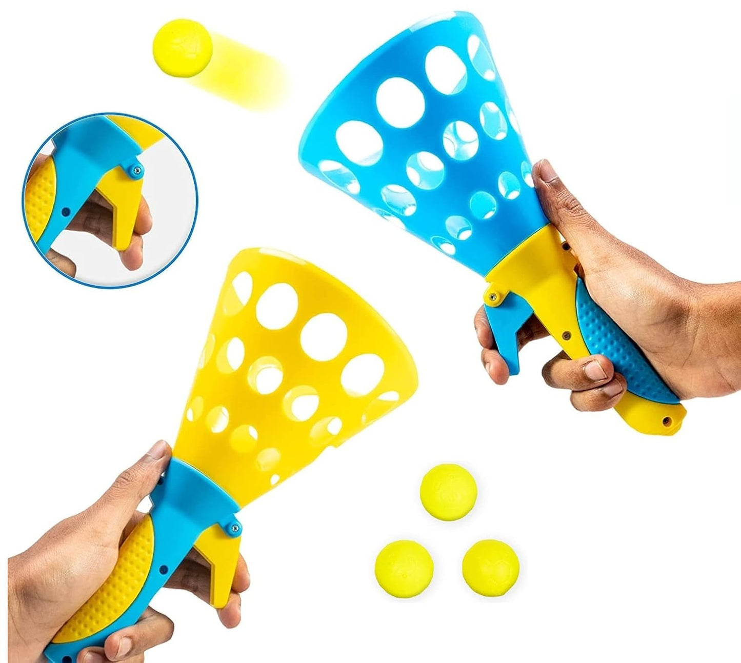 Click and Catch Twin Ball Launcher Game with 3 Balls Indoor Outdoor Toy Set, Pop & Catch Ball Play Fun Boys & Girls - Multicolor