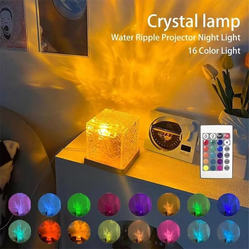 acrylic Romantic Ocean Wave Night Light Projector Lamp, 3D Water Wave Effect, LED Projection Lamp for Bedroom Decor, Remote Control (Cube Shape)Multicolor