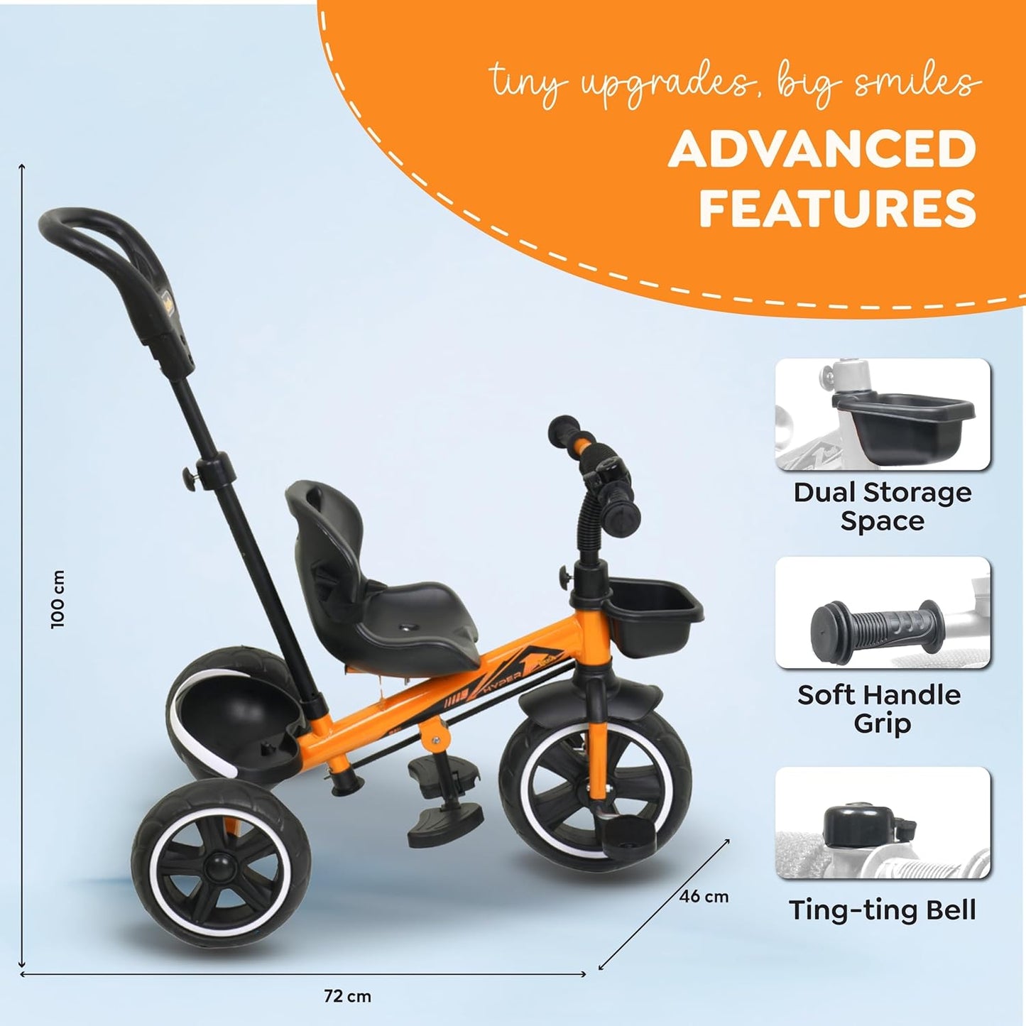 Plug N Play Kids / Baby Tricycle with Parental Control , Cushion seat and seat Belt for 12 Months to 48 Months Boys / Girls / . Carrying Capacity Upto 30kgs ( Orange )