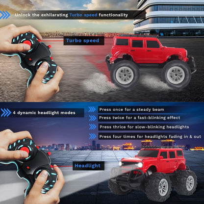 Off Roader Rechargeable Remote Control Car | RC Car Monster Truck | 4 Headlight Modes | Lithium Battery | C-Type Charging | Remote Control Car for Kids | Made in India, Red