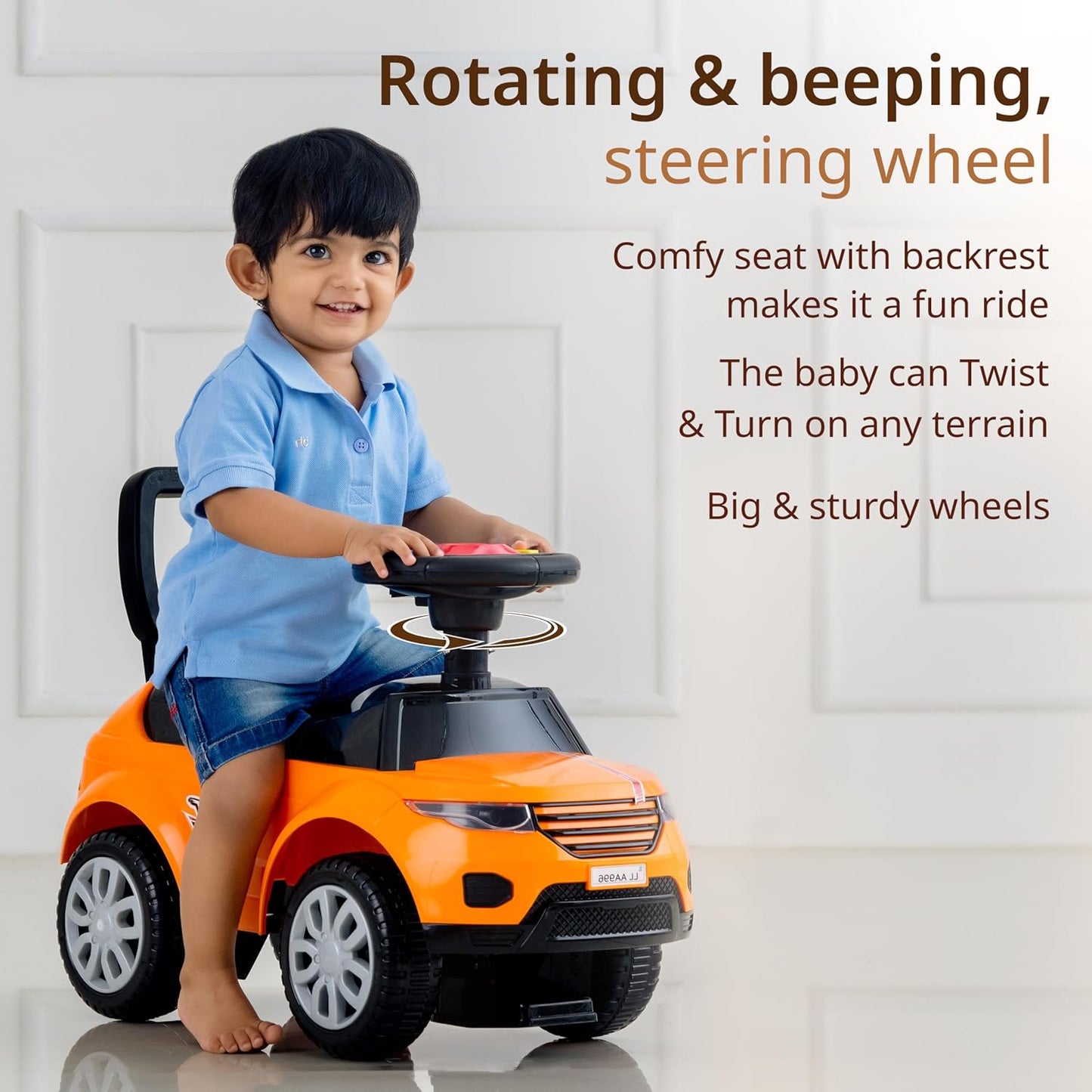 Ride on & Car for Kids with Music & Horn Steering, Push Car for Baby with Backrest, Safety Guard, Under Seat Storage & Big Wheels, Ride on for Kids 1 to 3 Years Upto 25 Kgs (Orange)