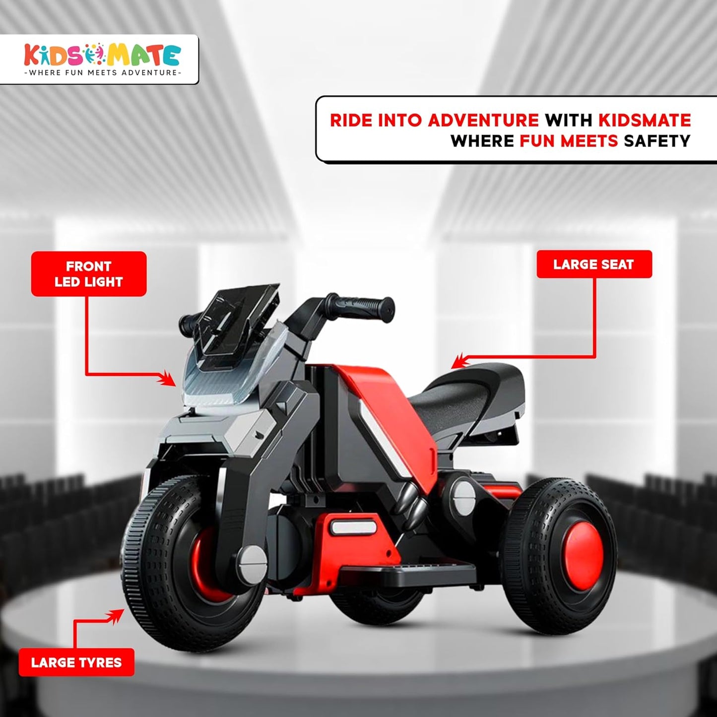 Hyrider 6V Electric Kids Bike with Rechargeable 6.5 Ah Battery Inbuilt Imported Motor Drive | Music Player, Front LED Light & Foot Accelerator Pedal Bike for Ages 1-4 Years