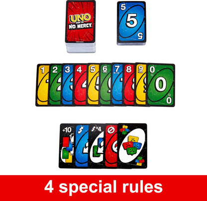 Mattel Games UNO Show ‘em No Mercy Card Game for Kids, Adults & Family Parties and Travel with Extra Cards, Special Rules and Tougher Penalties.