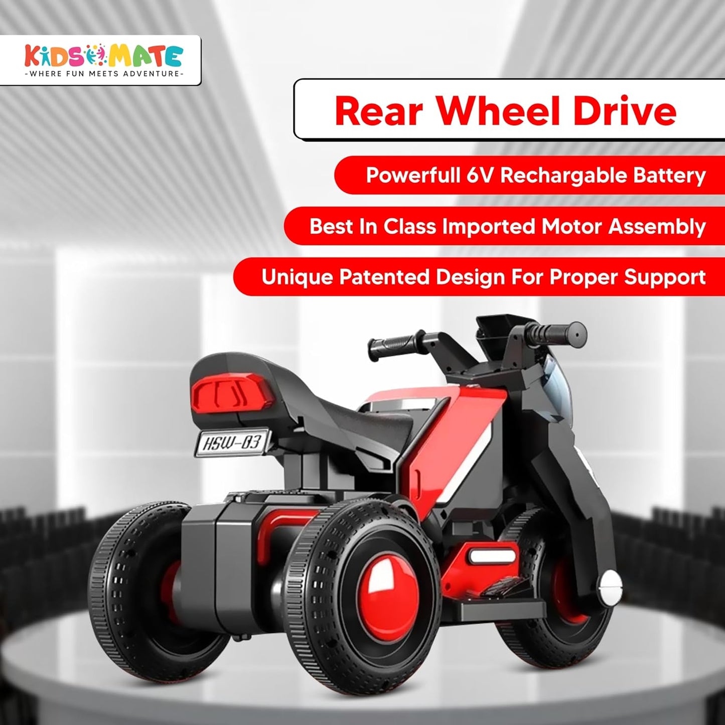 Hyrider 6V Electric Kids Bike with Rechargeable 6.5 Ah Battery Inbuilt Imported Motor Drive | Music Player, Front LED Light & Foot Accelerator Pedal Bike for Ages 1-4 Years