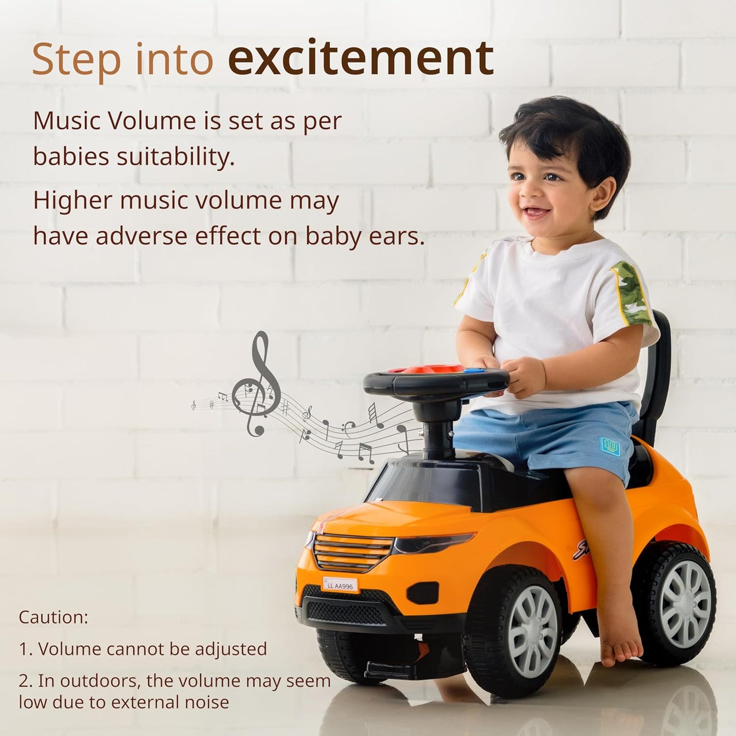 Ride on & Car for Kids with Music & Horn Steering, Push Car for Baby with Backrest, Safety Guard, Under Seat Storage & Big Wheels, Ride on for Kids 1 to 3 Years Upto 25 Kgs (Orange)
