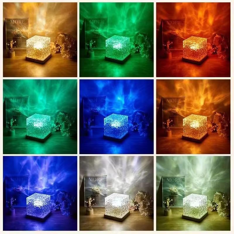 acrylic Romantic Ocean Wave Night Light Projector Lamp, 3D Water Wave Effect, LED Projection Lamp for Bedroom Decor, Remote Control (Cube Shape)Multicolor