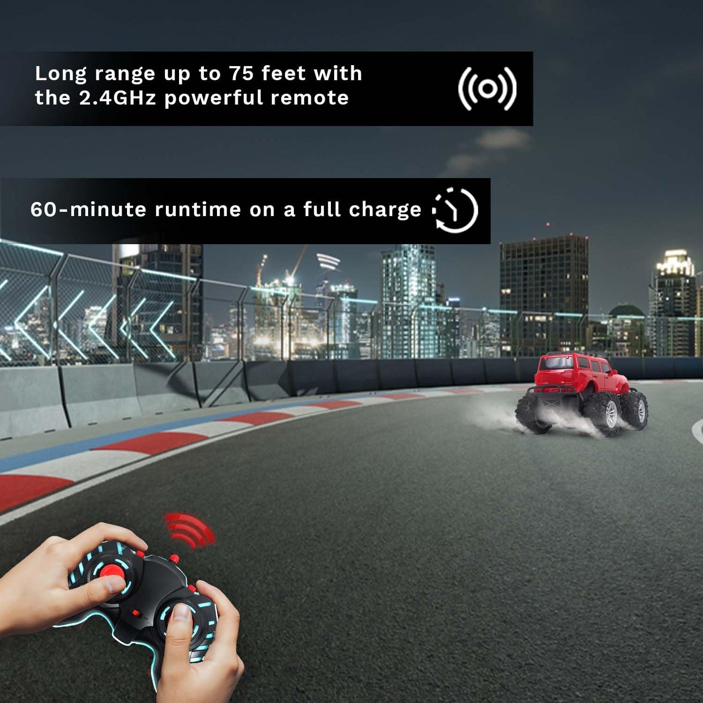Off Roader Rechargeable Remote Control Car | RC Car Monster Truck | 4 Headlight Modes | Lithium Battery | C-Type Charging | Remote Control Car for Kids | Made in India, Red
