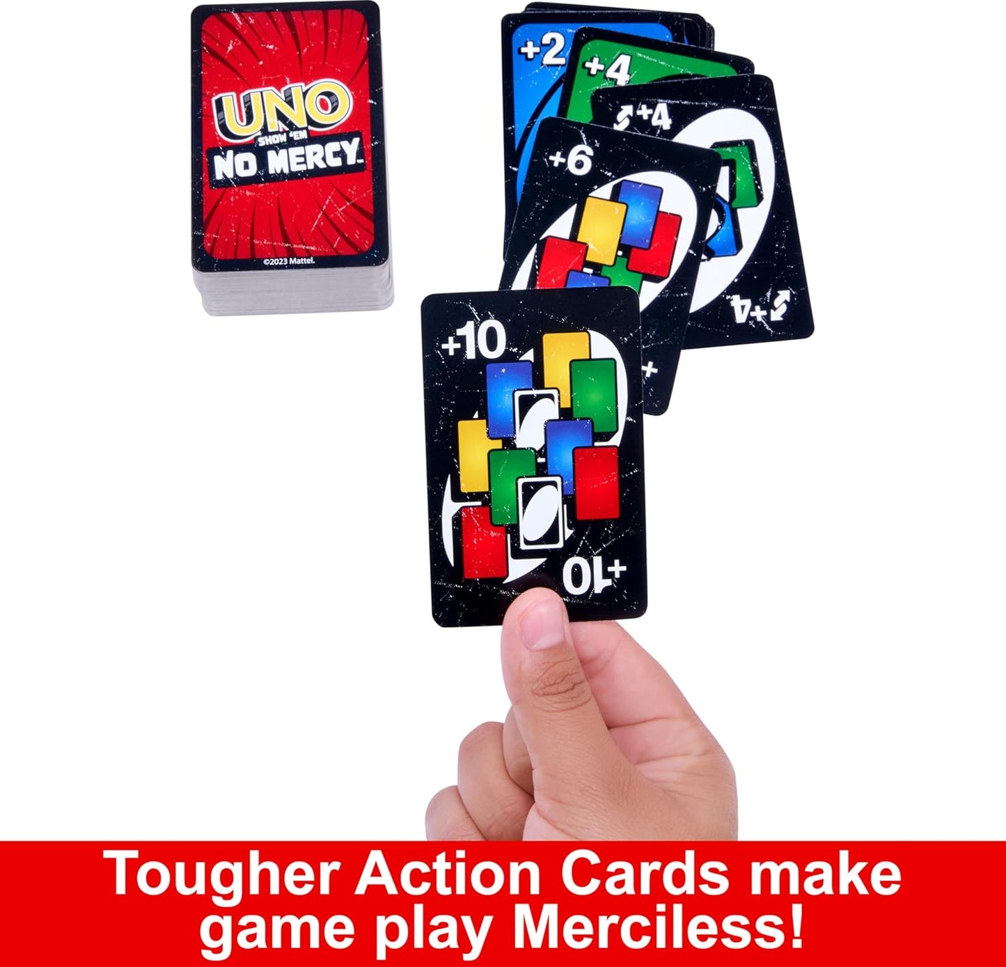 Mattel Games UNO Show ‘em No Mercy Card Game for Kids, Adults & Family Parties and Travel with Extra Cards, Special Rules and Tougher Penalties.