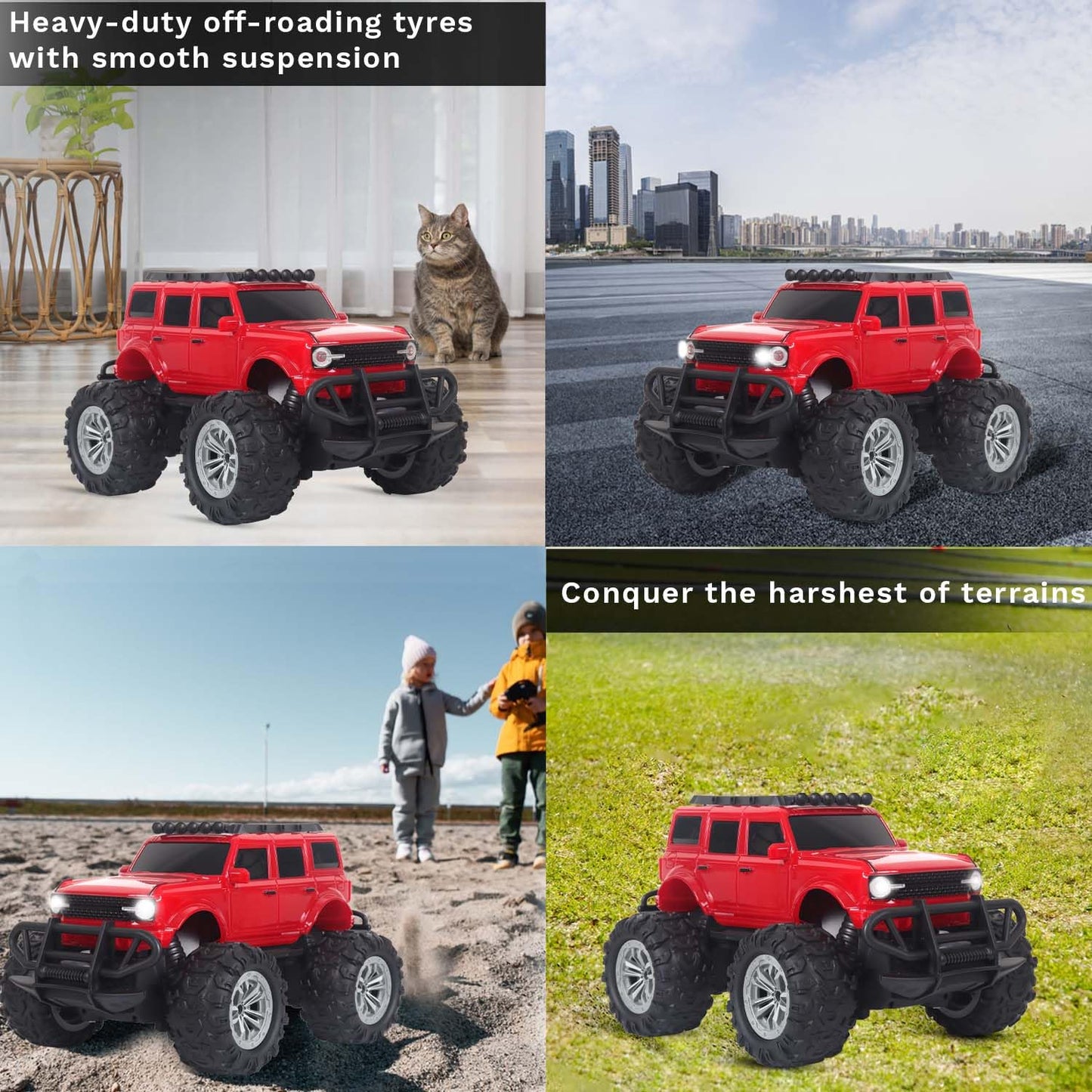 Off Roader Rechargeable Remote Control Car | RC Car Monster Truck | 4 Headlight Modes | Lithium Battery | C-Type Charging | Remote Control Car for Kids | Made in India, Red