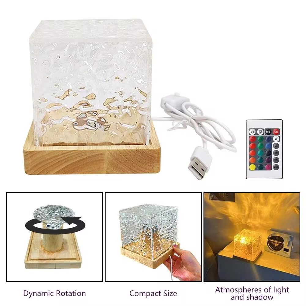 acrylic Romantic Ocean Wave Night Light Projector Lamp, 3D Water Wave Effect, LED Projection Lamp for Bedroom Decor, Remote Control (Cube Shape)Multicolor