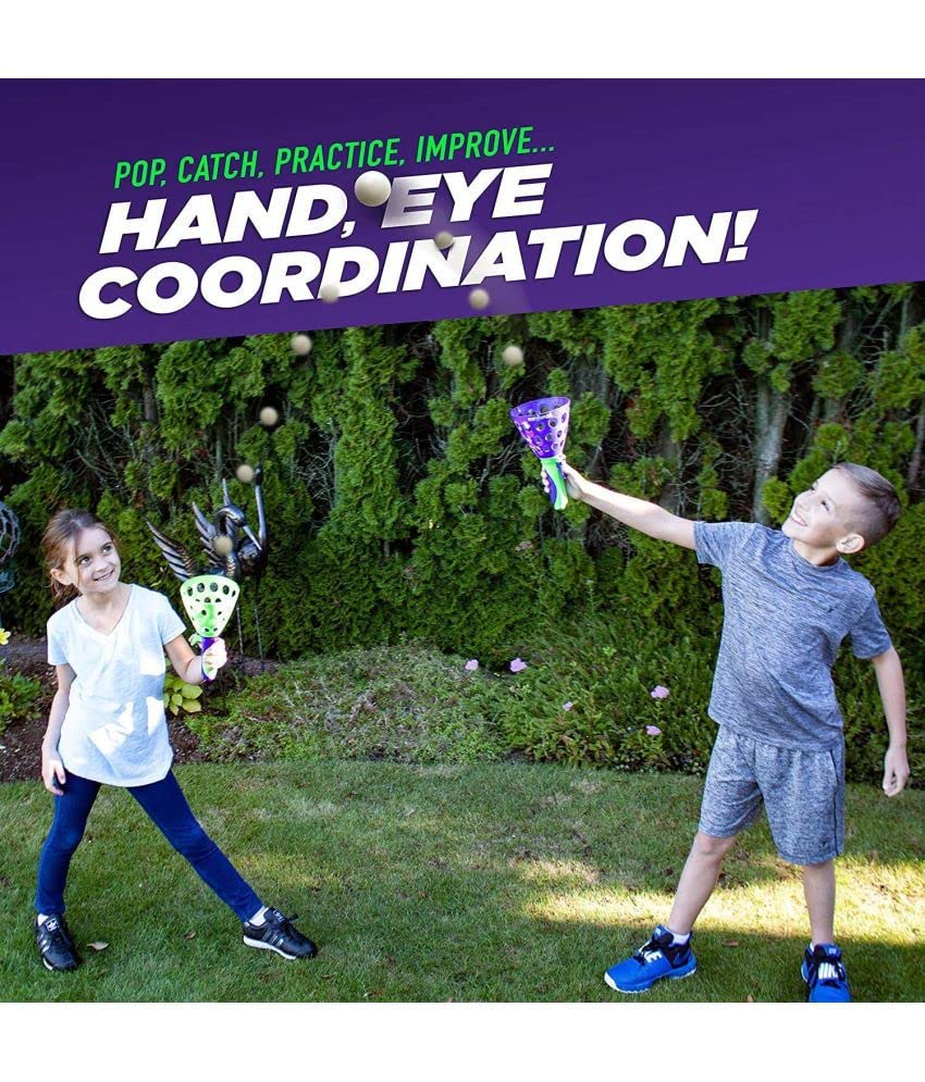 Click and Catch Twin Ball Launcher Game with 3 Balls Indoor Outdoor Toy Set, Pop & Catch Ball Play Fun Boys & Girls - Multicolor