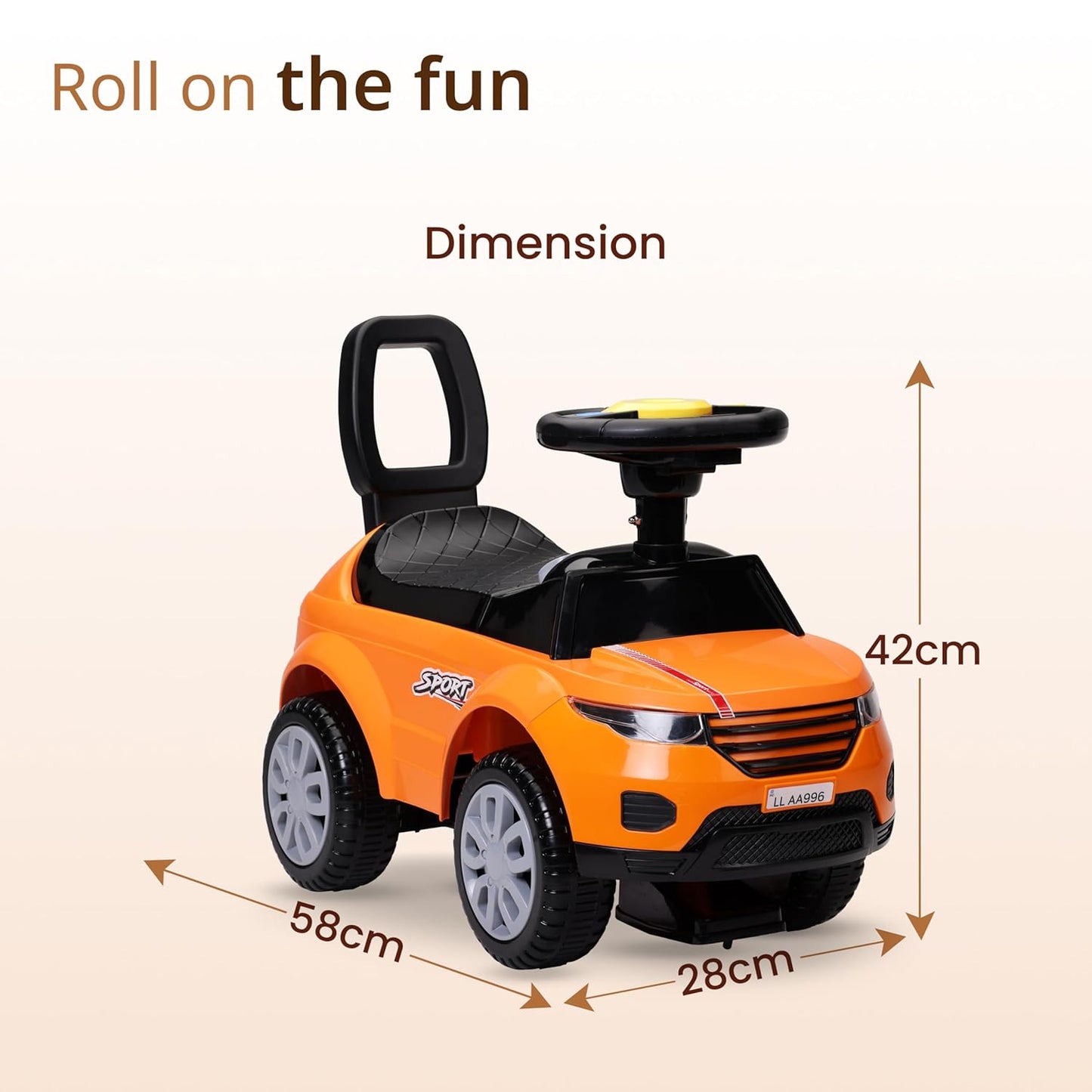 Ride on & Car for Kids with Music & Horn Steering, Push Car for Baby with Backrest, Safety Guard, Under Seat Storage & Big Wheels, Ride on for Kids 1 to 3 Years Upto 25 Kgs (Orange)