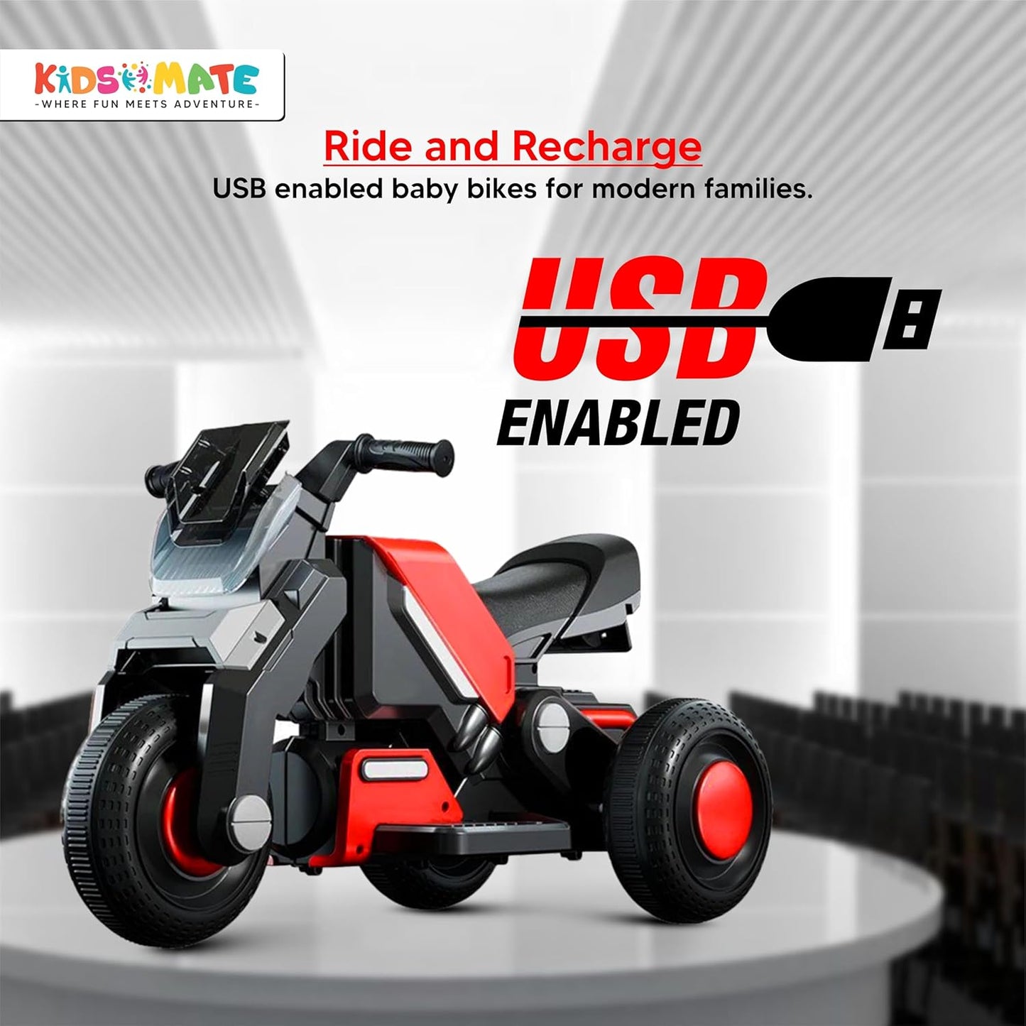 Hyrider 6V Electric Kids Bike with Rechargeable 6.5 Ah Battery Inbuilt Imported Motor Drive | Music Player, Front LED Light & Foot Accelerator Pedal Bike for Ages 1-4 Years