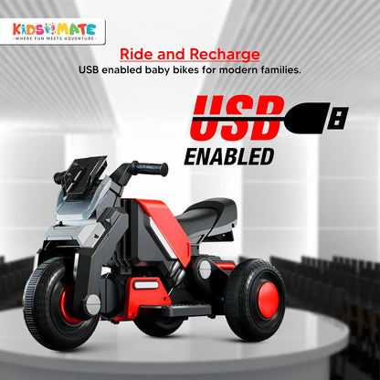 Hyrider 6V Electric Kids Bike with Rechargeable 6.5 Ah Battery Inbuilt Imported Motor Drive | Music Player, Front LED Light & Foot Accelerator Pedal Bike for Ages 1-4 Years