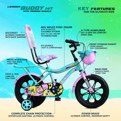 Kids Cycle 14T with Training Wheels (SEMI-Assembled) for Boys and Girls Ideal for Age Group 2-5 Years | Frame: 8 Inches (14T, Sea Green_Light Pink)