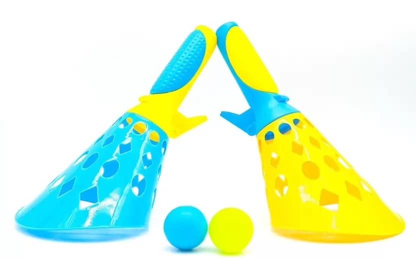 Click and Catch Twin Ball Launcher Game with 3 Balls Indoor Outdoor Toy Set, Pop & Catch Ball Play Fun Boys & Girls - Multicolor