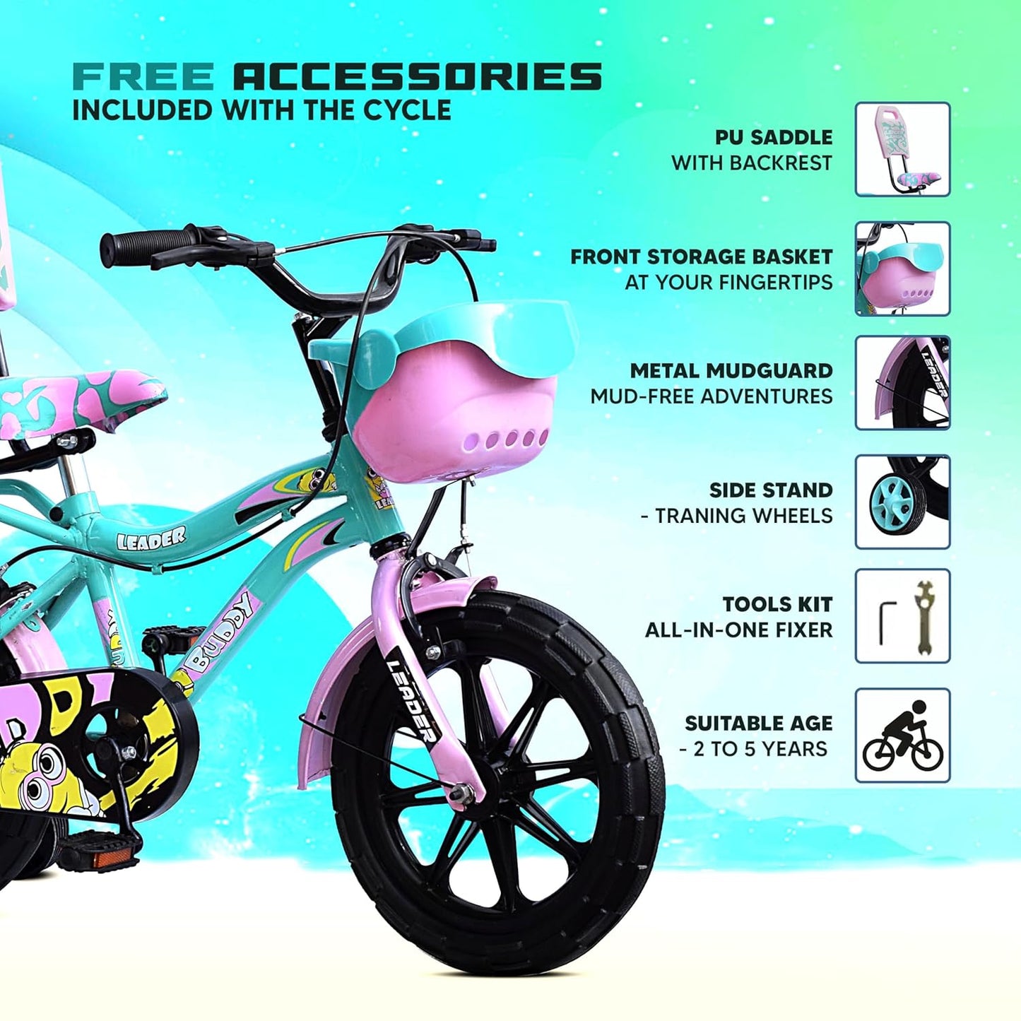 Kids Cycle 14T with Training Wheels (SEMI-Assembled) for Boys and Girls Ideal for Age Group 2-5 Years | Frame: 8 Inches (14T, Sea Green_Light Pink)