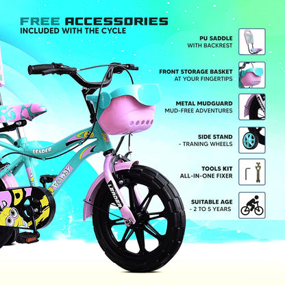 Kids Cycle 14T with Training Wheels (SEMI-Assembled) for Boys and Girls Ideal for Age Group 2-5 Years | Frame: 8 Inches (14T, Sea Green_Light Pink)