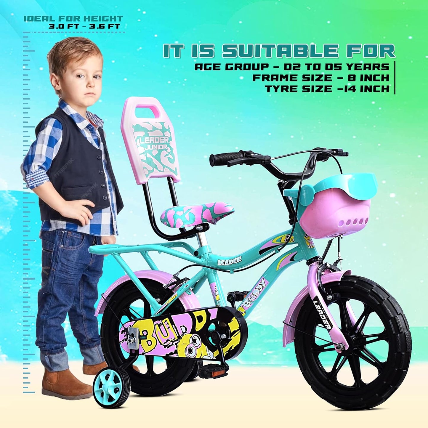 Kids Cycle 14T with Training Wheels (SEMI-Assembled) for Boys and Girls Ideal for Age Group 2-5 Years | Frame: 8 Inches (14T, Sea Green_Light Pink)