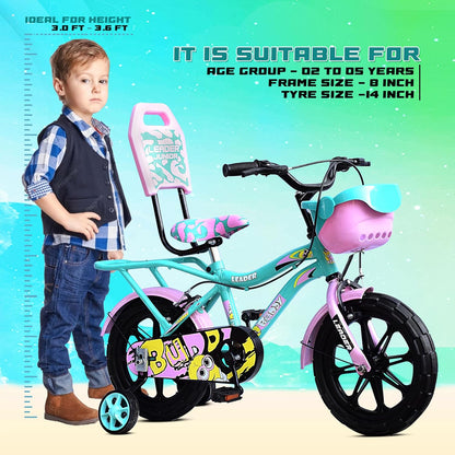 Kids Cycle 14T with Training Wheels (SEMI-Assembled) for Boys and Girls Ideal for Age Group 2-5 Years | Frame: 8 Inches (14T, Sea Green_Light Pink)