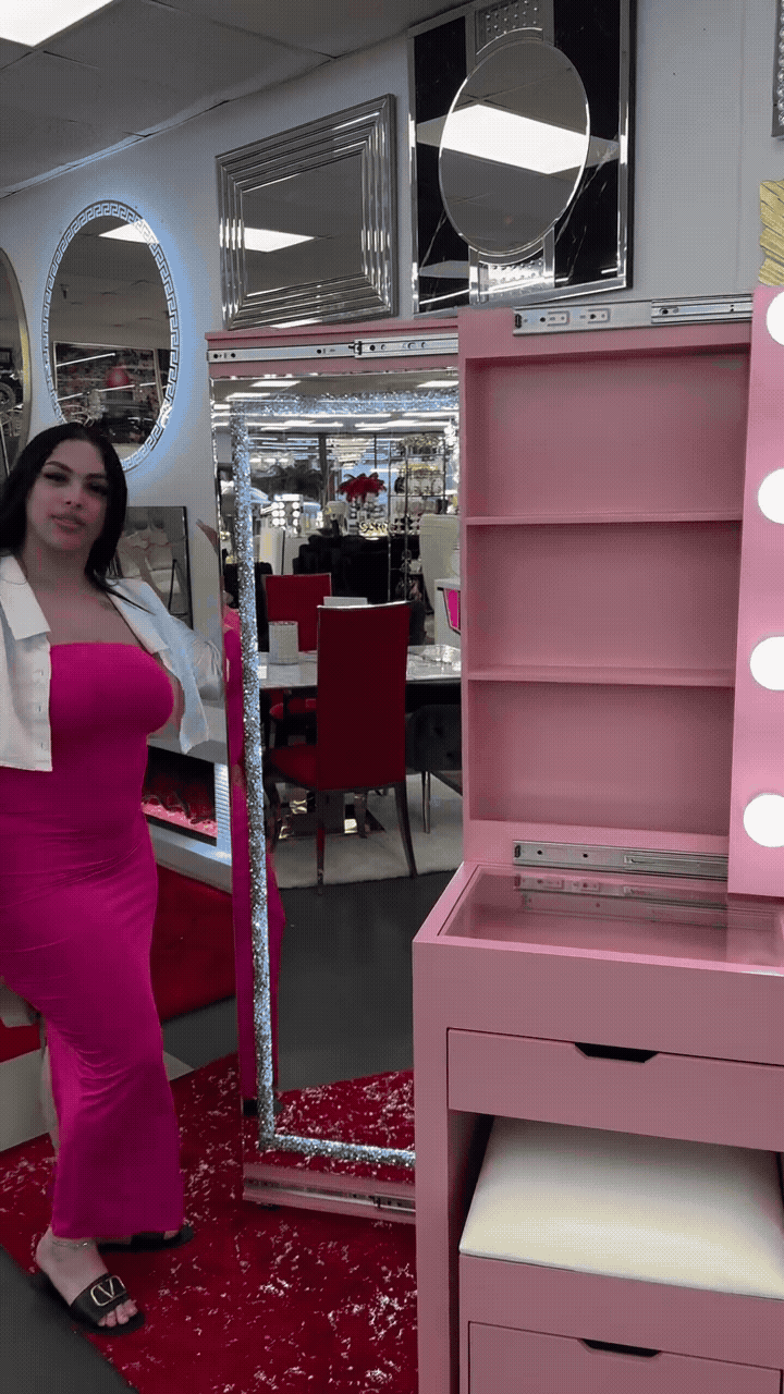 Luxury Pink Vanity Dressing Table with LED Lights & Sliding Mirrors