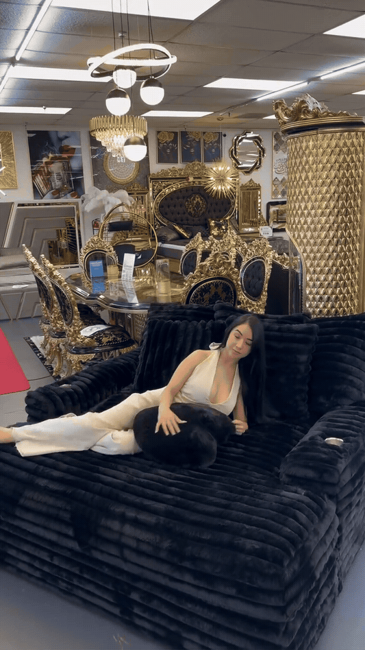 Luxury Black Velvet Sectional Sofa - Premium Ribbed Texture