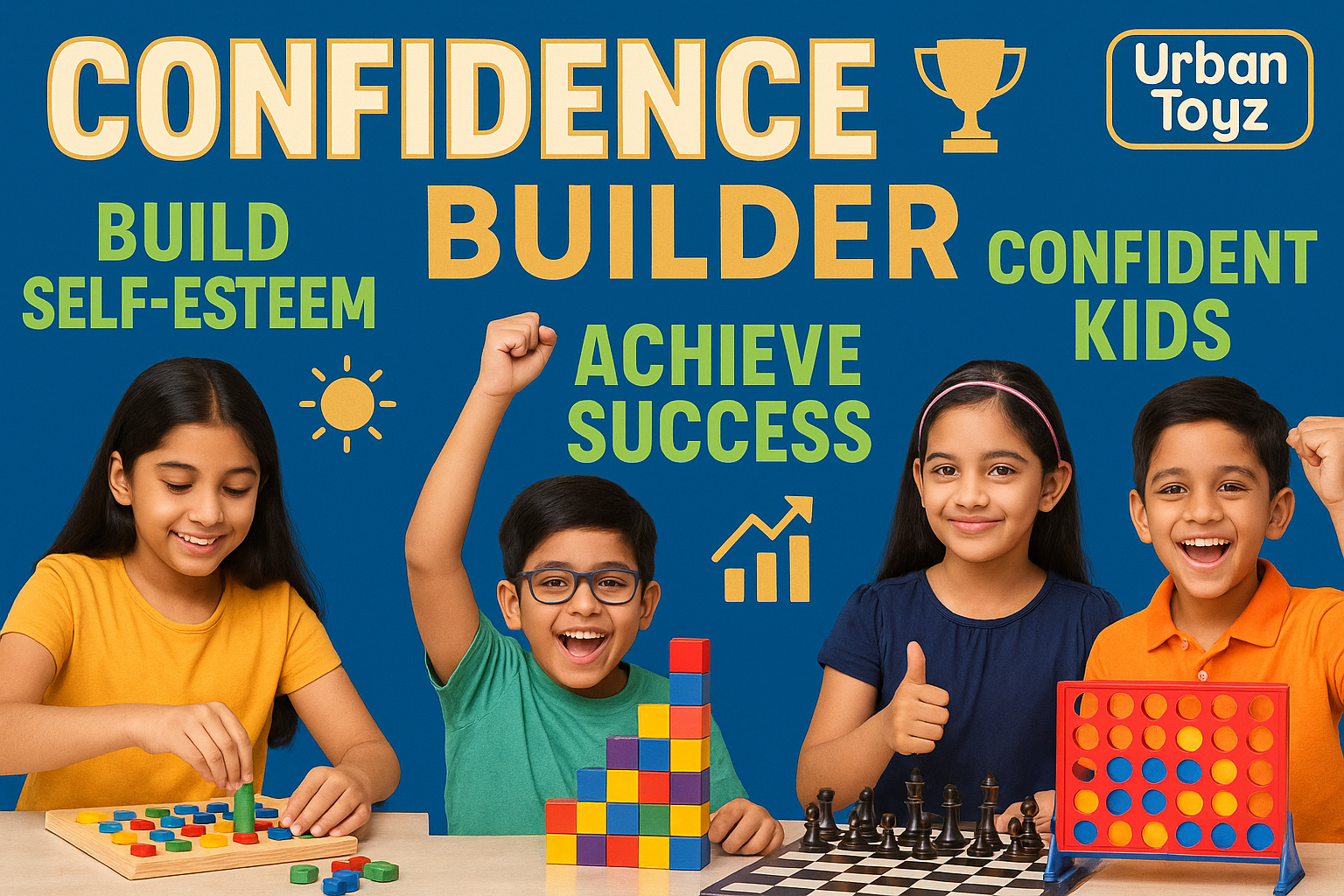 Confidence Builder banner with successful Indian children