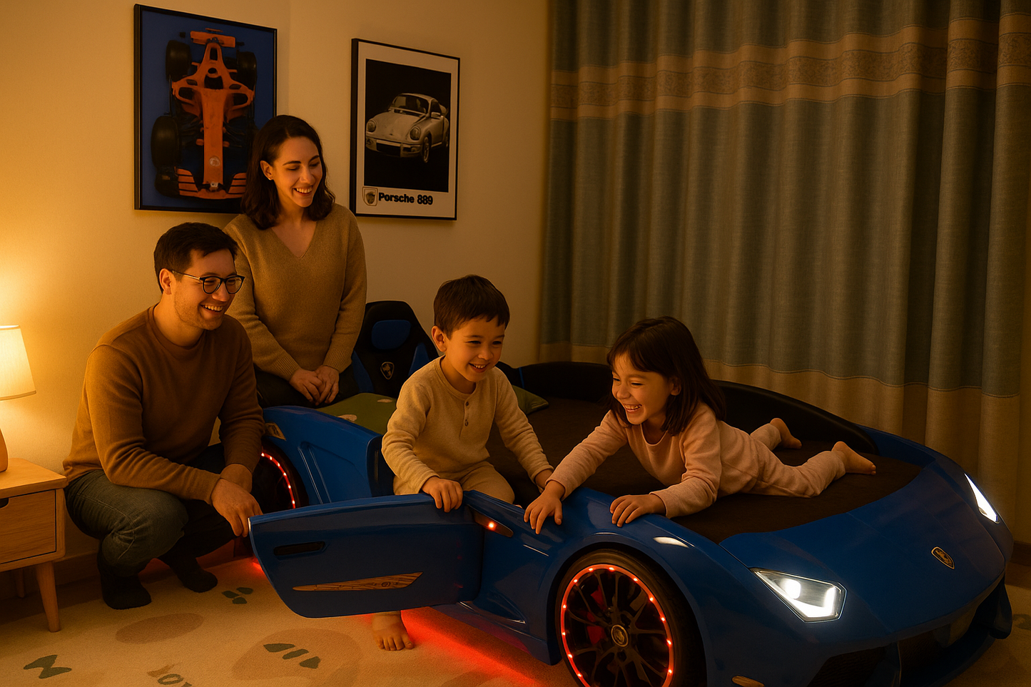 Family watching children play on race car bed