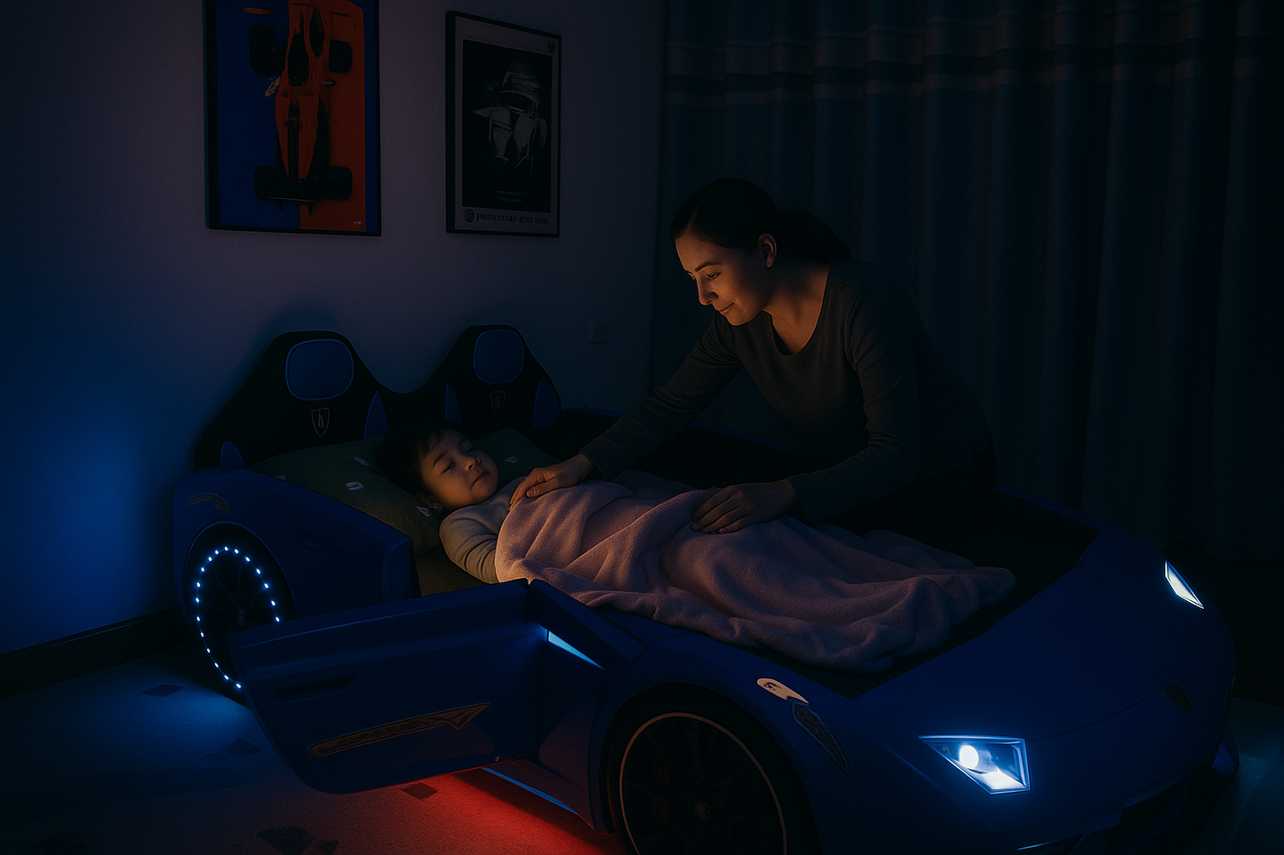 Mother tucking child into race car bed