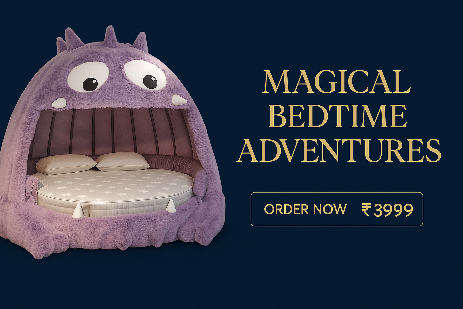 Navy blue and gold monster bed banner