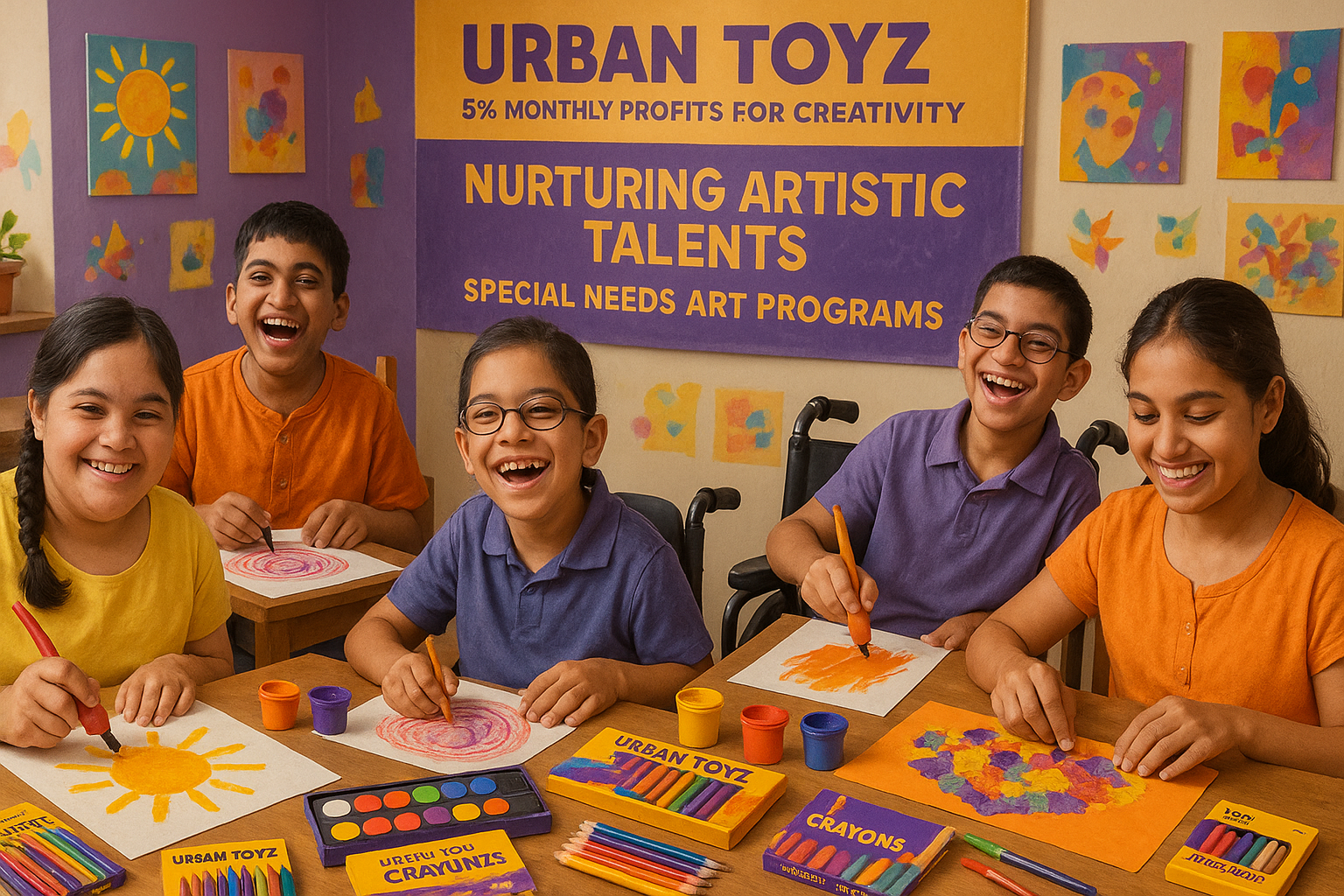 Orphanage art room with creative special needs children