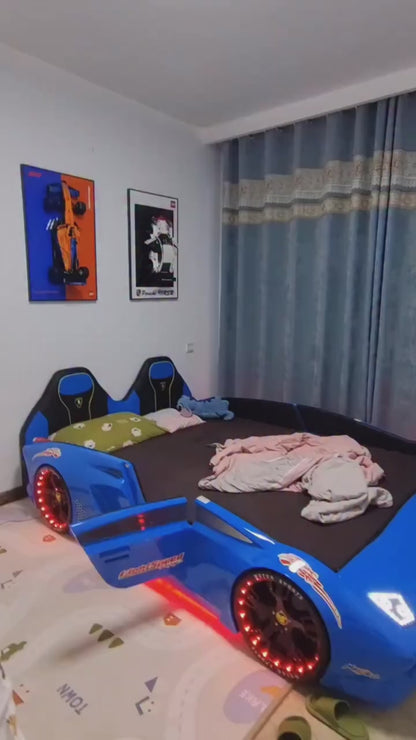 Blue Racing Car Bed for Kids with LED Lights | Luxurious | Comfortable | High Quality