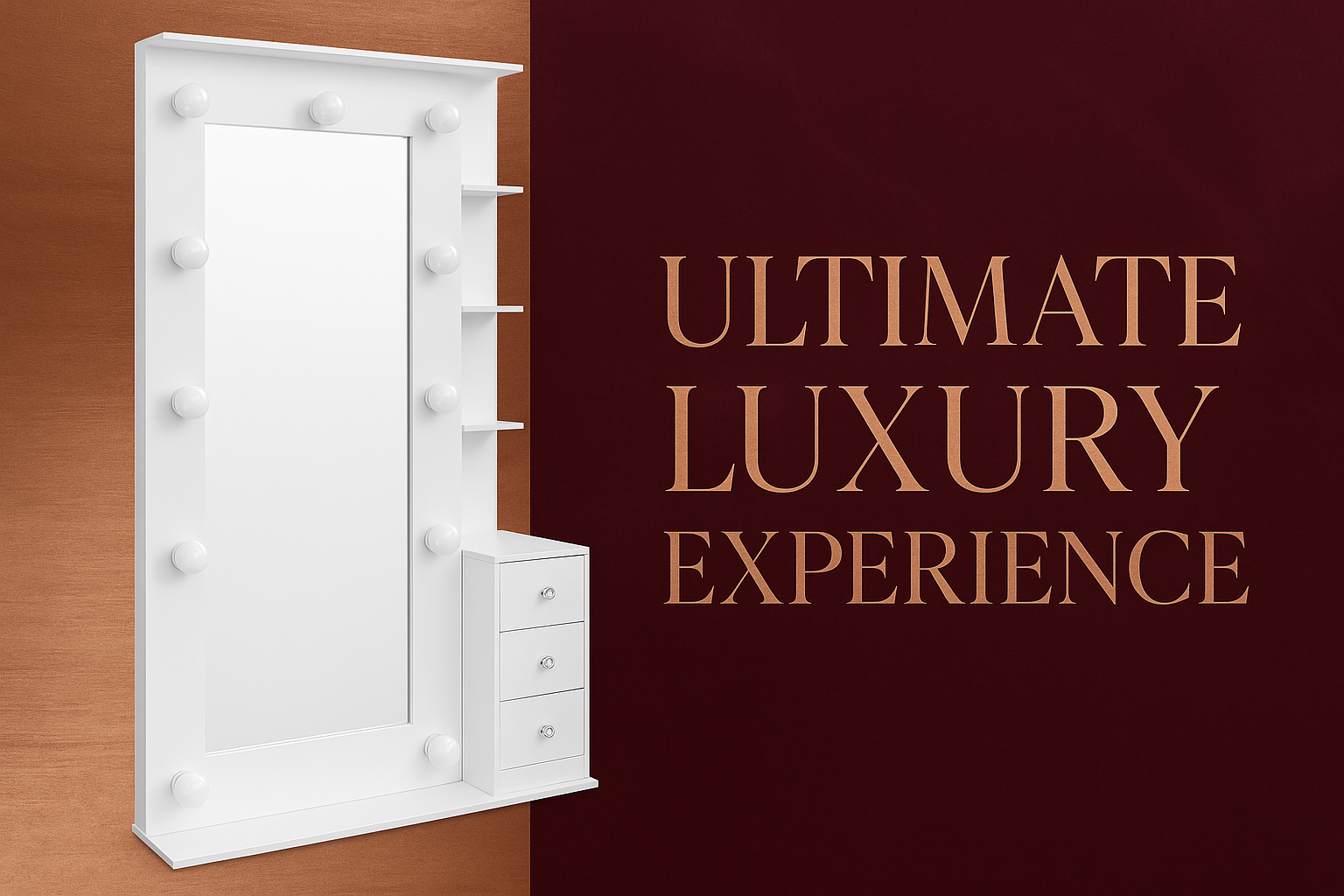 White vanity mirror with copper and burgundy banner