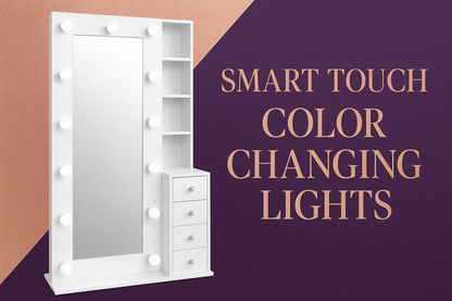 White vanity mirror with rose gold and purple banner